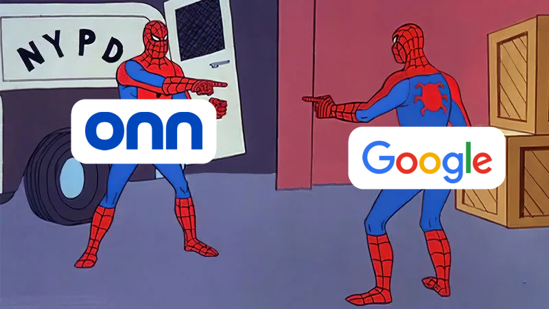 Spider-Man pointing meme, with Google & onn's logos edited onto the two Spider-Men